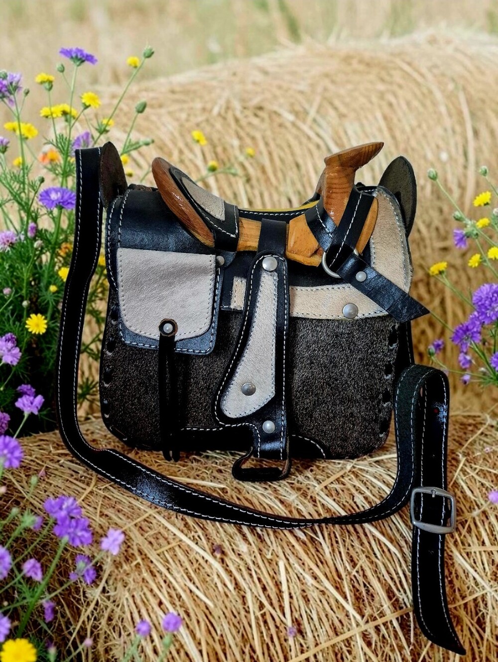 Handcrafted Black Tan Cowhide Leather With Real Wood Saddle-Style Crossbody Bag